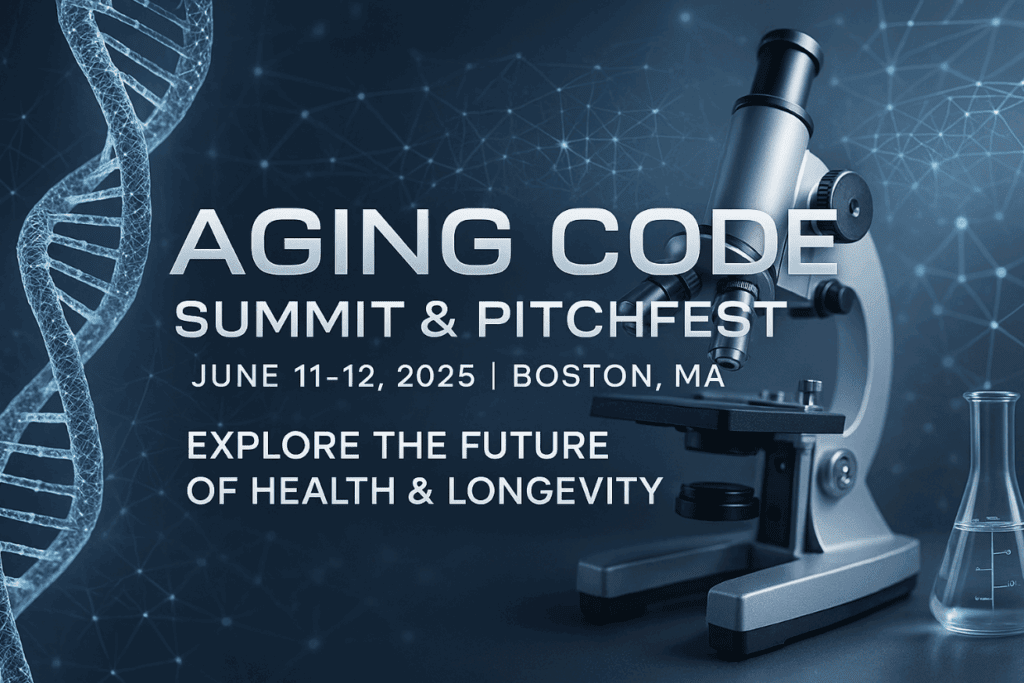 Aging science conference and AI longevity summit banner featuring biotech startup pitch focus, future health themes, and innovation visuals in widescreen